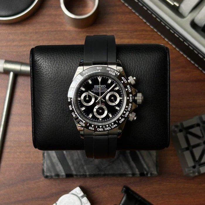 Seiko Mod Daytona Black | Rubber - TWTwatches