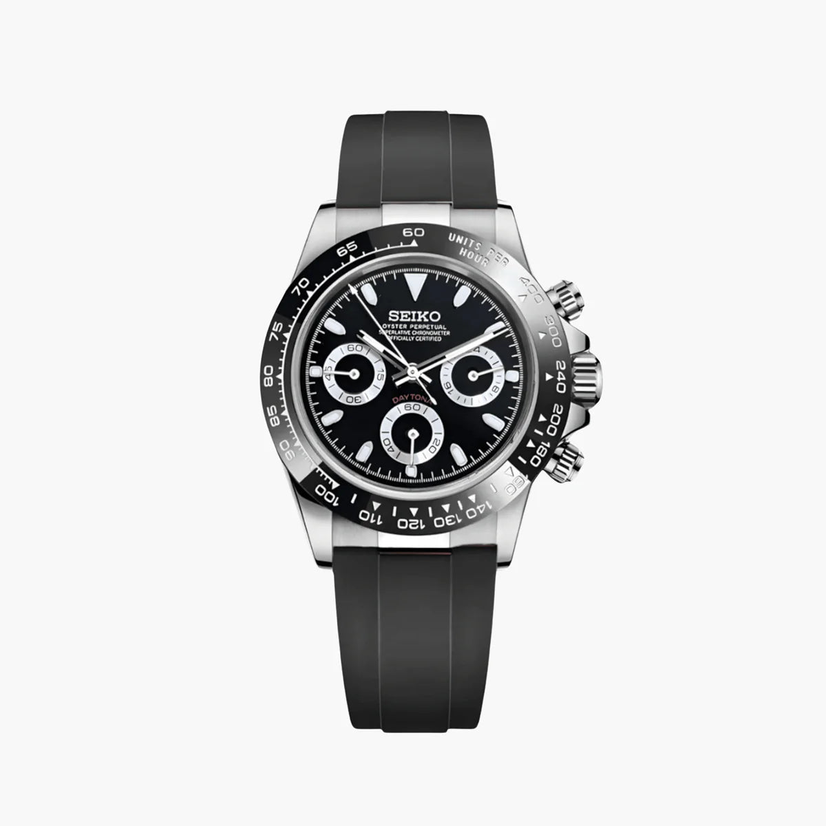 Seiko Mod Daytona Black | Rubber - TWTwatches